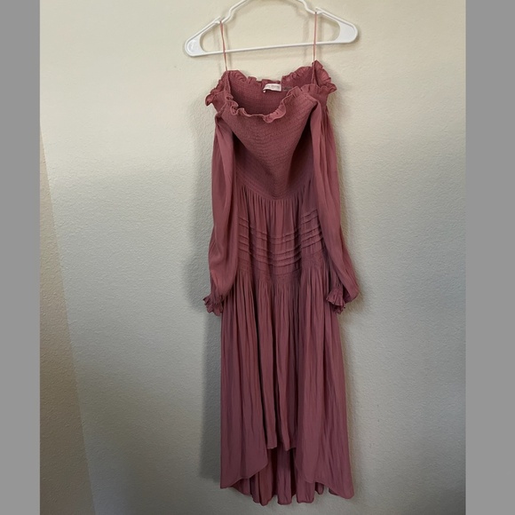 RAMY BROOK | Off The Shoulder Anita Smocked Ruffled Midi Dress in Pink | Size XS - Picture 3 of 9